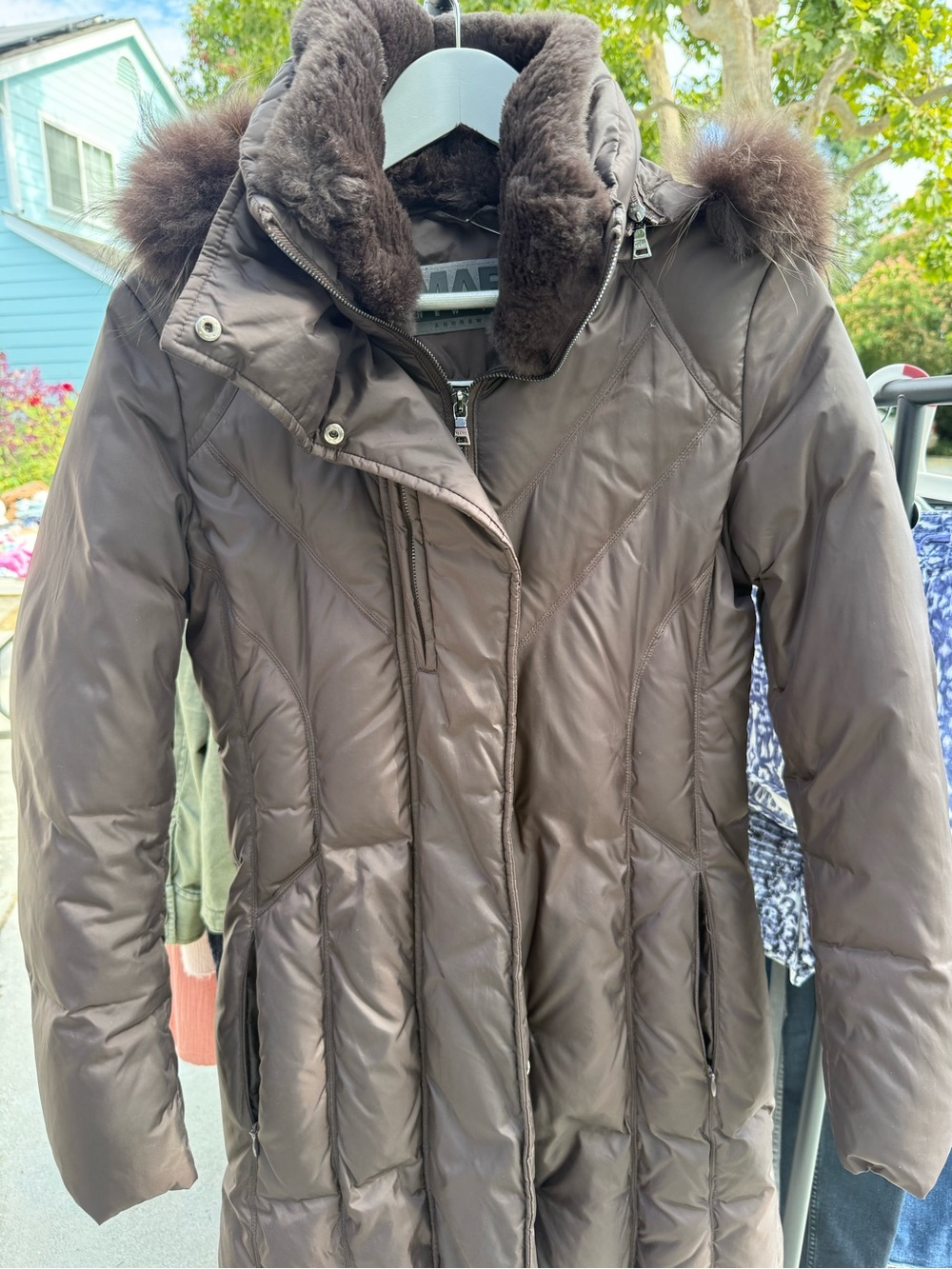 Long Brown Quilted Coat with Fur Trim